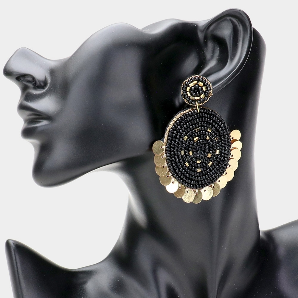 Black Gold Dangle Beaded Round Earrings Jewelry Sequin Disc Trimmed Seeded Felt